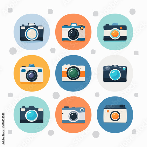 Vector camera icon set with photography symbols, lenses, and media tools. Clean flat design for creative and media projects.