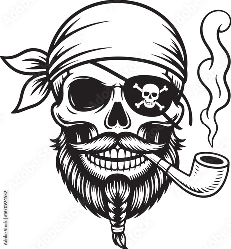 Pirate Skull with Beard, Bandana, Pipe, and Eyepatch with Jolly Roger skeleton head