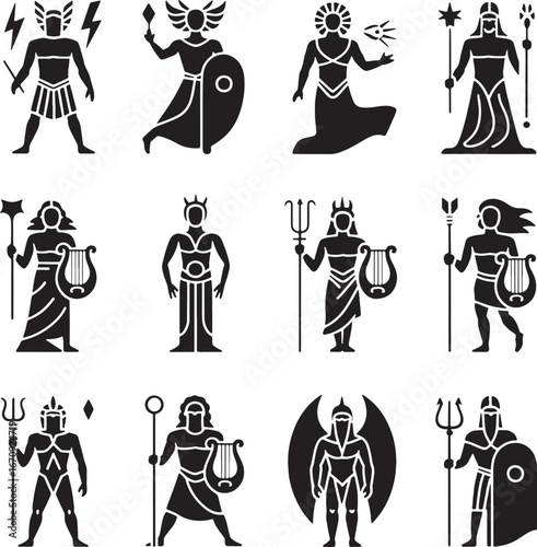 Silhouette icons of Greek gods and goddesses with mythological symbols mythology