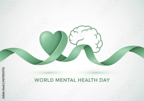 World Mental Health Day Illustration with Heart and Brain Symbols in Soft Green Colors
