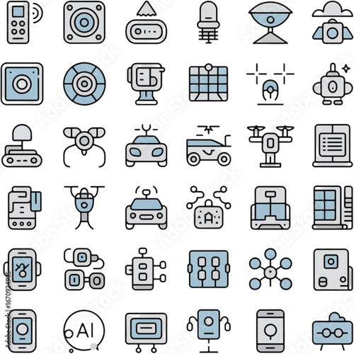 Technology and AI icons with robots drones cars and AI symbols artificial intelligence robotics
