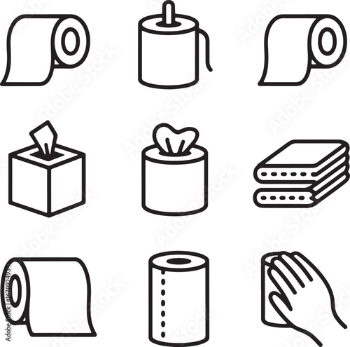 Toilet paper and tissue icons with a hand wiping on a white background roll