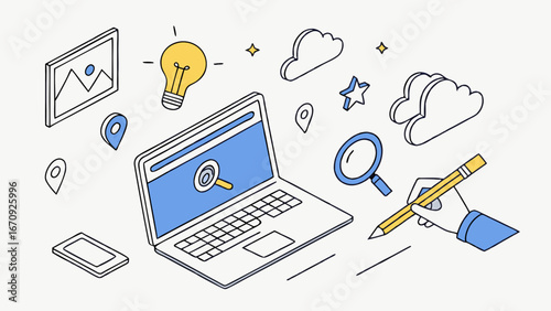 Laptop screen with search icon idea bulb hand drawing clouds and location pins.