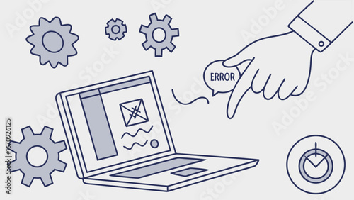 Laptop computer error technical problem troubleshooting digital malfunction system failure software glitch online issue web error computer repair tech support gear settings hand clock time deadline p.