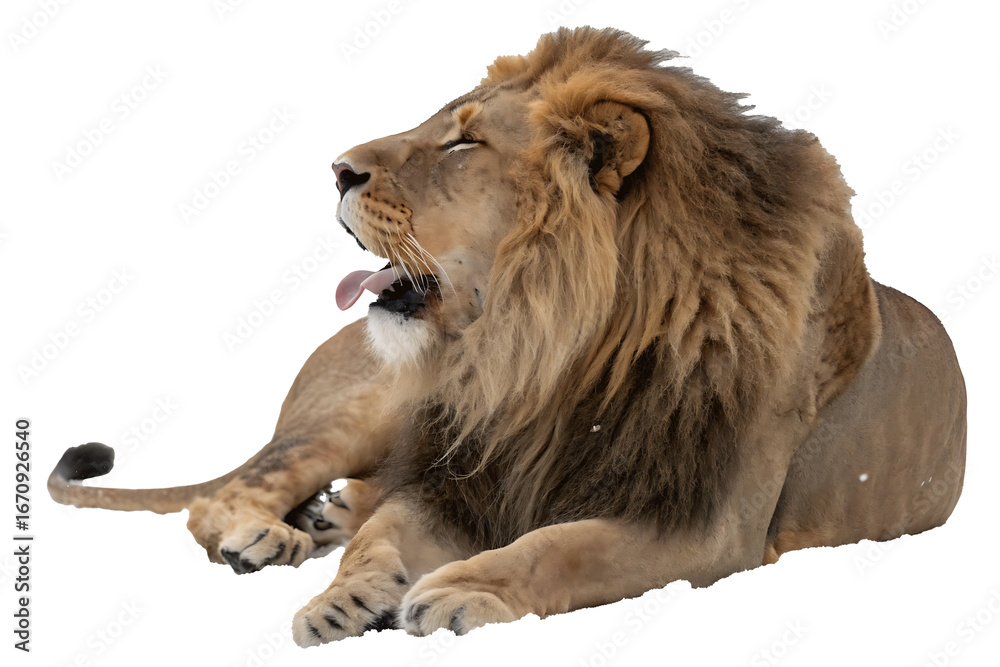 Obraz premium Majestic lion yawning with mouth open showcasing tongue and powerful mane the king of beasts resting and relaxing after a long day in the wild