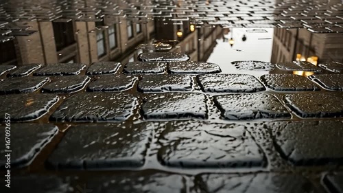 Wet Cobblestone Street Reflecting Buildings and Light.