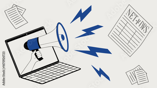 Online Announcement Digital Marketing Laptop Megaphone News Illustration Promotion Concept.
