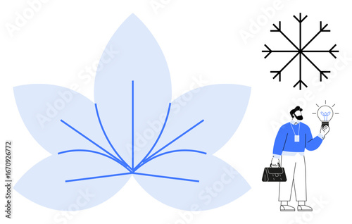 Man with briefcase holding lightbulb surrounded by abstract snowflake and leaf designs. Ideal for creativity, innovation, nature, balance, growth, business inspiration, simple flat metaphor