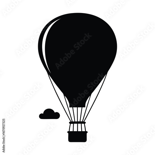 Hot Air Balloon with cloud Silhouette Clipart Illustration vector, Black Silhouette Vector of Hot Air Balloon Floating with Small Cloud Isolated on White Background