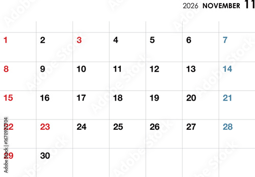 2026年11月カレンダー　横向き
