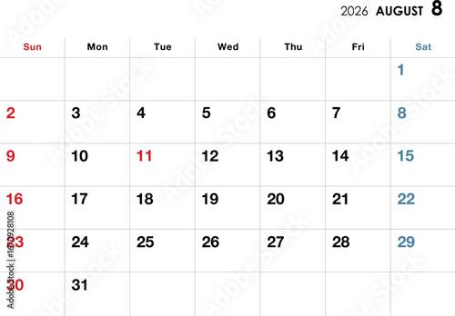 2026年8月カレンダー　横向き