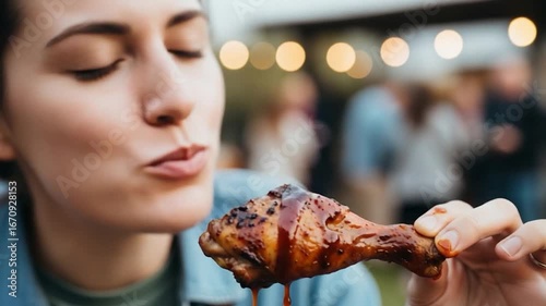 Woman Enjoying Delicious Grilled Chicken Leg Outdoors.