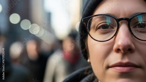 Woman in Glasses Looks at Camera, City Background.