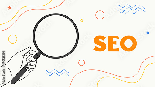Hand Holding Magnifying Glass with SEO Text and Abstract Design Elements.