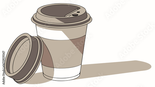 Disposable Coffee Cup with Lid Take Away Drink Cafe Illustration Hot Beverage Brown and White Cup Simple Design Coffee to Go Takeaway Container Drink Packaging Coffee Shop Graphic Minimalist Style Il.