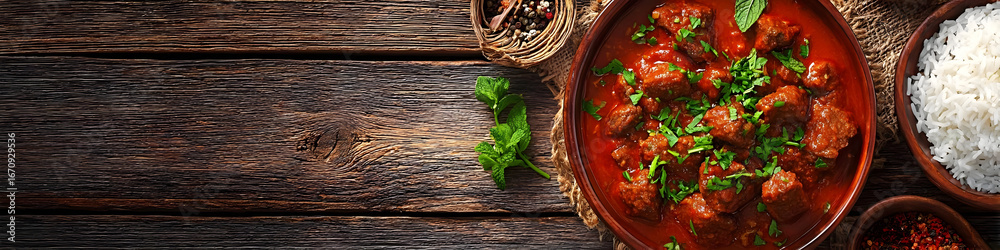 Fototapeta premium A delicious spread of rich and aromatic curry served in a rustic bowl, accompanied by fluffy white rice and garnished with fresh herbs.