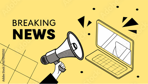 Breaking News Announcement Laptop and Megaphone Illustration.