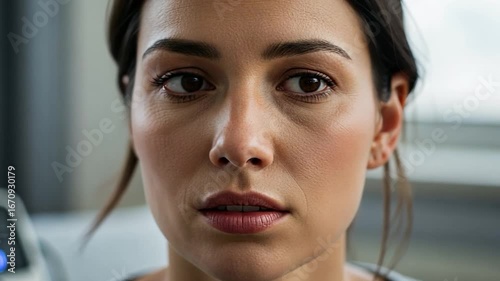 Womans Intense Gaze - Close-Up Portrait in a Clinic.