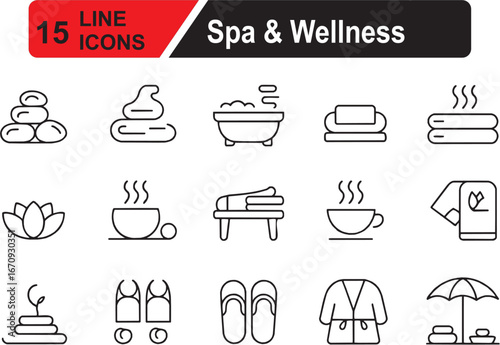 Spa and Wellness Line Editable Icons Set. Vector illustration in modern thin line style of relaxation, massage, sauna, bathtub, self-care, and more