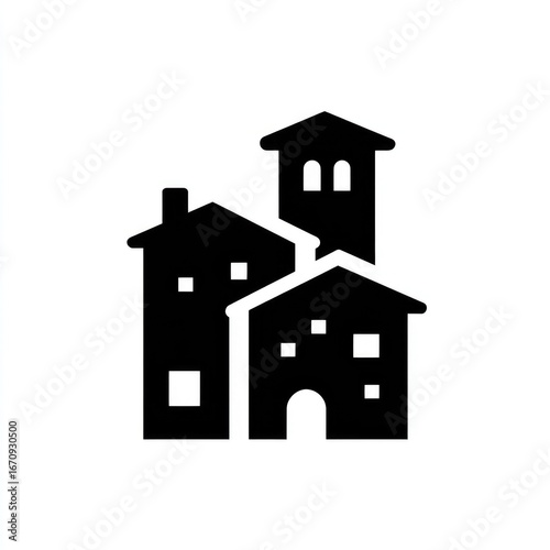Simple black silhouette of three houses