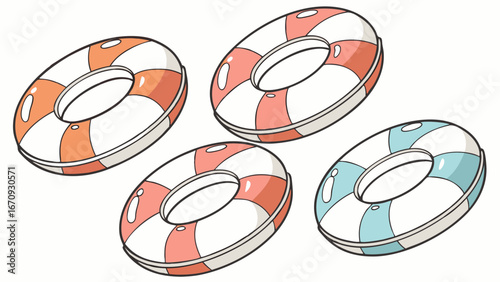 Cartoon illustration of colorful inflatable rings summer fun beach accessories pool toys water safety kids design elements graphic.