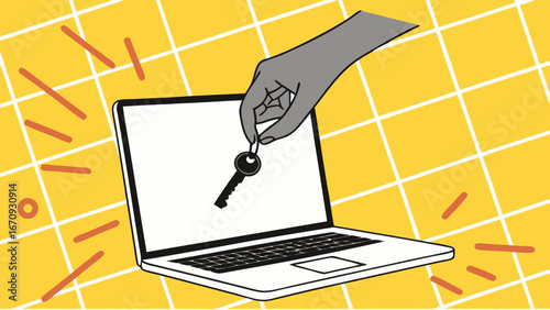Hand inserting digital key into laptop screen online security concept illustration.