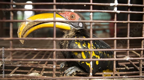 Captive Hornbill Bird in Rusty Cage Wildlife Photography