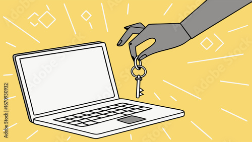 Hand holding key over laptop digital access online security internet privacy computer security technology concept.