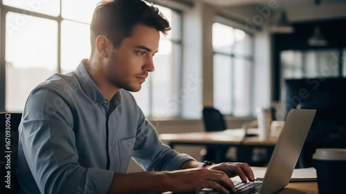 Young Man Working on Laptop in Office.