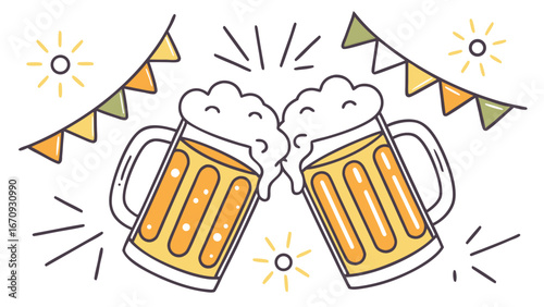 Cheers Two Beer Mugs Toasting with Festive Bunting Illustration.