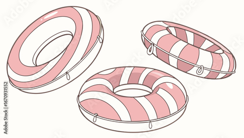 Three Pink and White Striped Inflatable Swim Rings Summer Pool Party Illustration Beach Vacation Design.