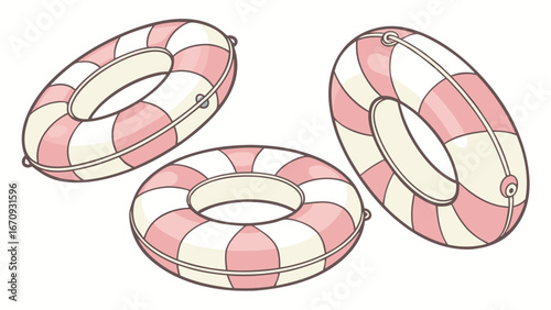 Three Pink and White Striped Inflatable Rings for Summer Fun.