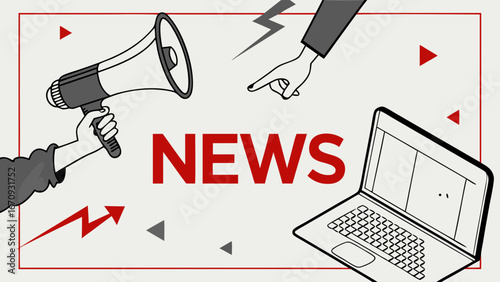Breaking News Announcement Megaphone Laptop and Hand Pointing Illustration.