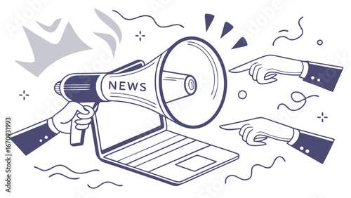 Online News Announcement Laptop Megaphone and Pointing Hands Illustration.