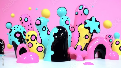 Colorful abstract shapes in pink background, showcasing playful design and creativity.