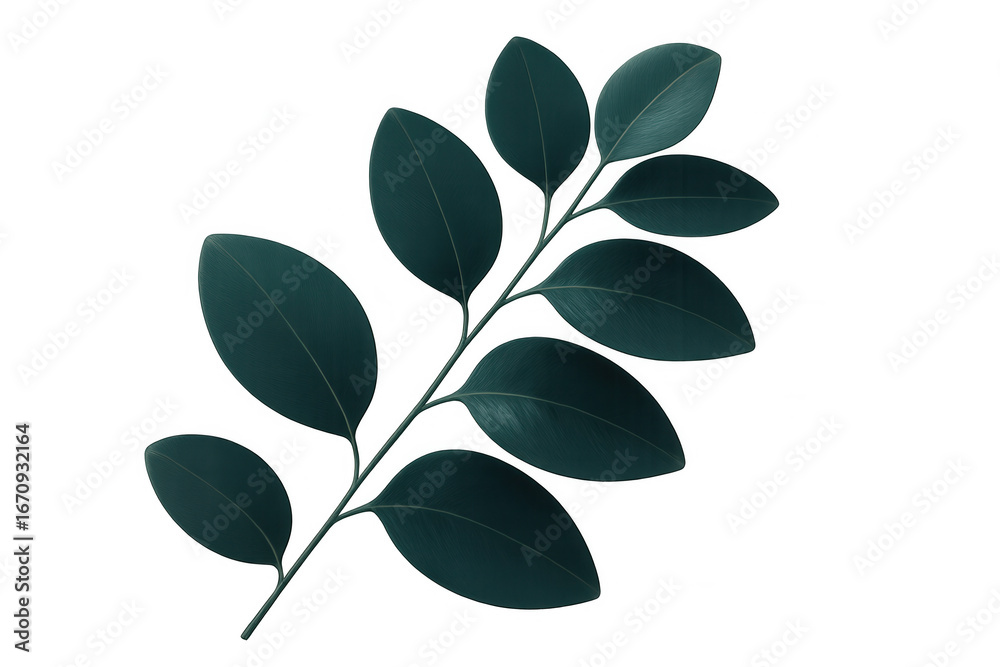 Naklejka premium Dark green leafy branch silhouetted against transparent backdrop, highlighting botanical detail