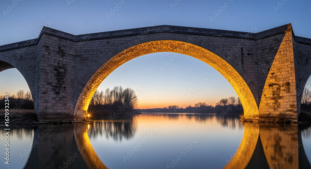 Fototapeta premium Stone bridge arches reflected in calm water at sunset with trees in the background and blue sky above
