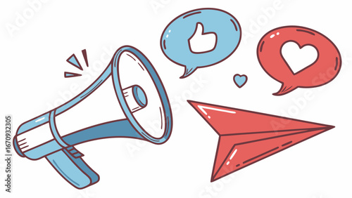 Cartoon Illustration of Megaphone Paper Airplane Like and Heart Icons for Social Media Marketing and Communication.