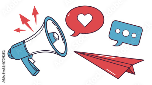 Cartoon Illustration of Social Media Marketing Communication and Messaging Concepts.