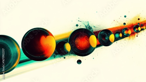 Abstract design featuring colorful spheres and dynamic lines, suggesting movement and energy.