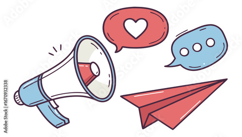 Cartoon illustration of communication announcement and social media marketing concept with megaphone speech bubbles and paper airplane.