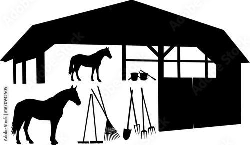Silhouette of a horse in a barn with gardening tools including a rake and shovel inside the structure | editable eps vectors
