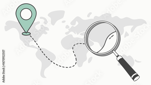 World map with location pin and magnifying glass travel planning route discovery global exploration.