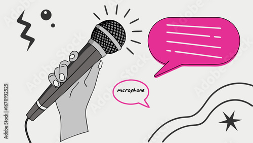 Hand holding microphone with speech bubbles podcast music singing communication broadcasting announcement vector illustration graphic design.