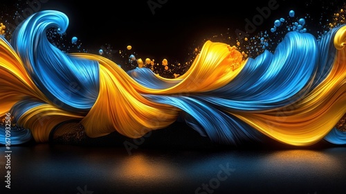 A vibrant blend of blue and yellow flowing in dynamic waves, creating an abstract visual effect.