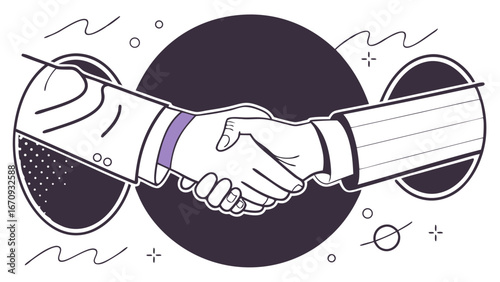 Stylized illustration of a handshake business partnership agreement deal contract collaboration teamwork success unity connection cooperation meeting negotiation synergy partnership deal making hands.