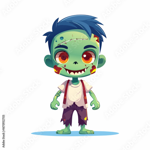 A cute cartoon zombie boy with green skin, blue hair, red eyes, and tattered clothes, standing and smiling.