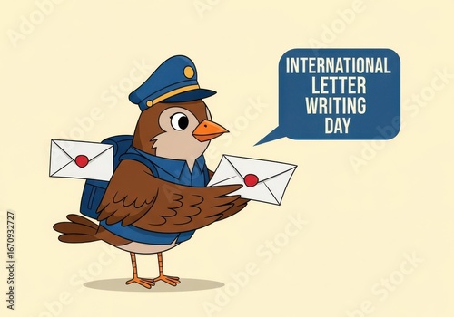 Cartoon Bird Mail Carrier Celebrating International Letter Writing Day