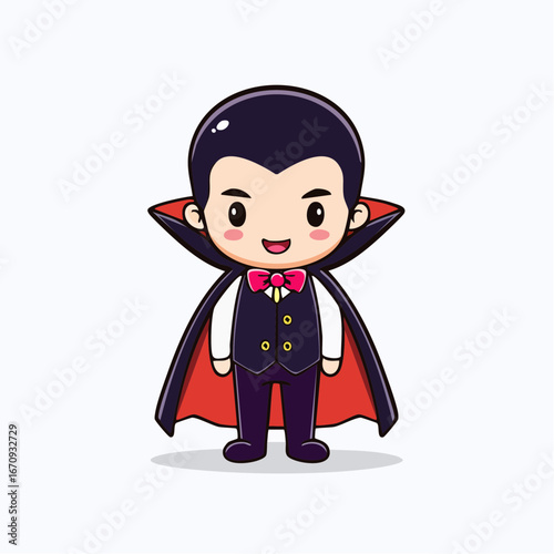 Cute cartoon chibi boy dressed as a vampire with a black cape and red bow tie, standing on a white background, perfect for Halloween designs.