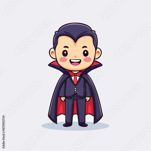 Cute cartoon boy dressed as a vampire with a black cape and red lining, smiling happily.